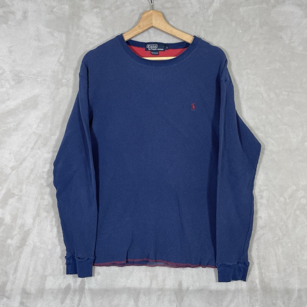 Vintage‎ Polo Ralph Lauren Thermal Waffle Knit Shirt Mens Large Blue Red Cotton